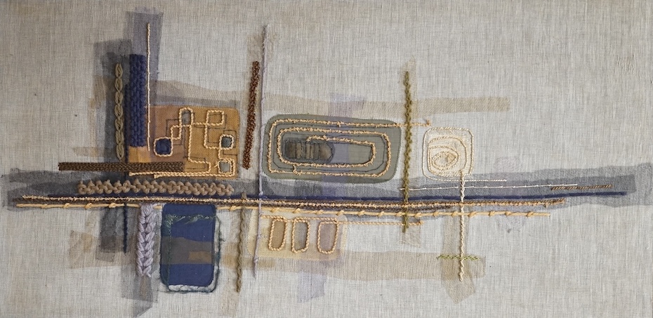 Mid century, abstract embroidered textile panel, 56 x 115cm. Condition - fair